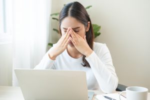 Tired,Asian,Young,Woman,Burnout,,Stressed,From,Problem,Work,At